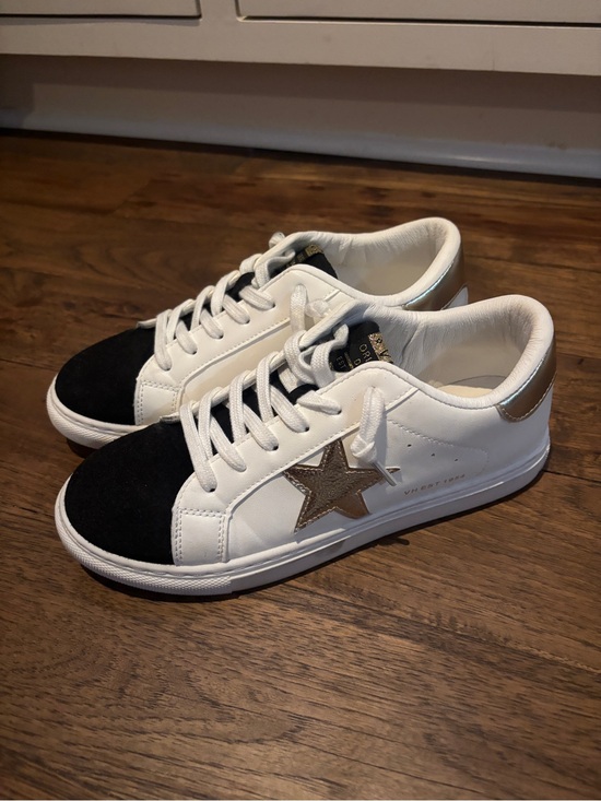 Vintage Havana Shoes - Vintage Havana White Leather Sneakers with Black Toe and Gold Star Accent